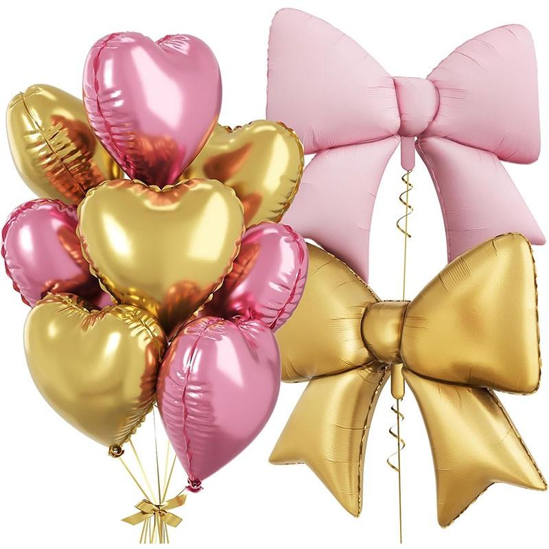 Pink and gold heart-shaped bow balloons, 8 18 inch heart-shaped balloons and 2 38 inch bow balloons (with 2 accessories), suitable for girls' birthdays, Valentine's Day, baby showers, wedding anniversary decorations