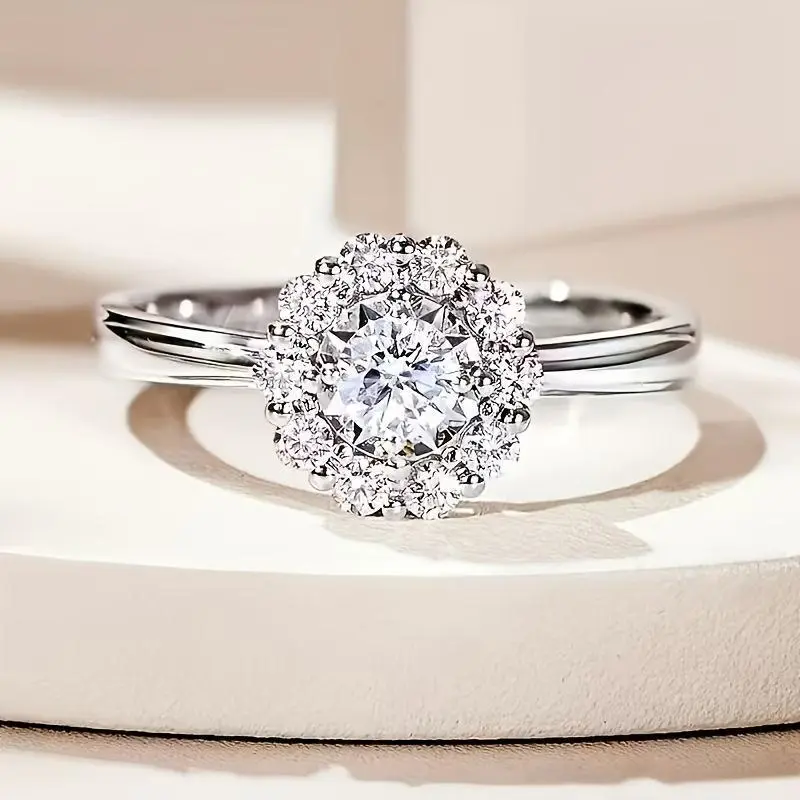 Women's 925 Sterling Silver Sunflower Ring with Laboratory-Created Moissanite, Adjustable Band for Engagement & Anniversary Gifting, Engagement Rings