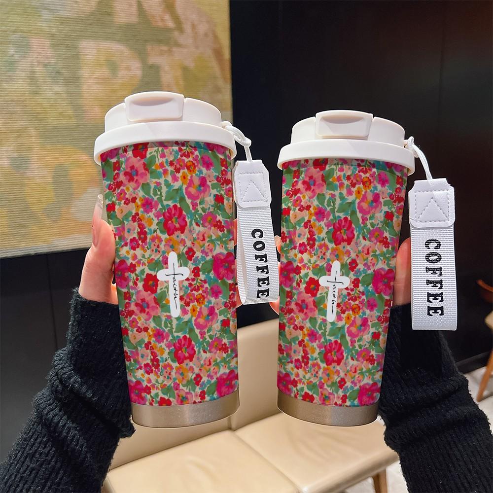 Abstract Cross Texture Coffee Cup, Portable Insulated Tumbler, Keeps Drinks Hot/cold, Boho Style, Ideal for Office, Travel, Sports