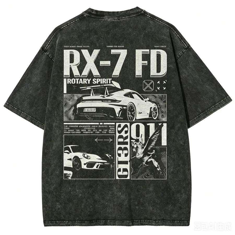 Men Vintage Washed Sports Car Graphic Crew Neck T-Shirt, Breathable Loose Fit Streetwear ,Summer,Back-To-School Party,Car Enthusiast Gathering911