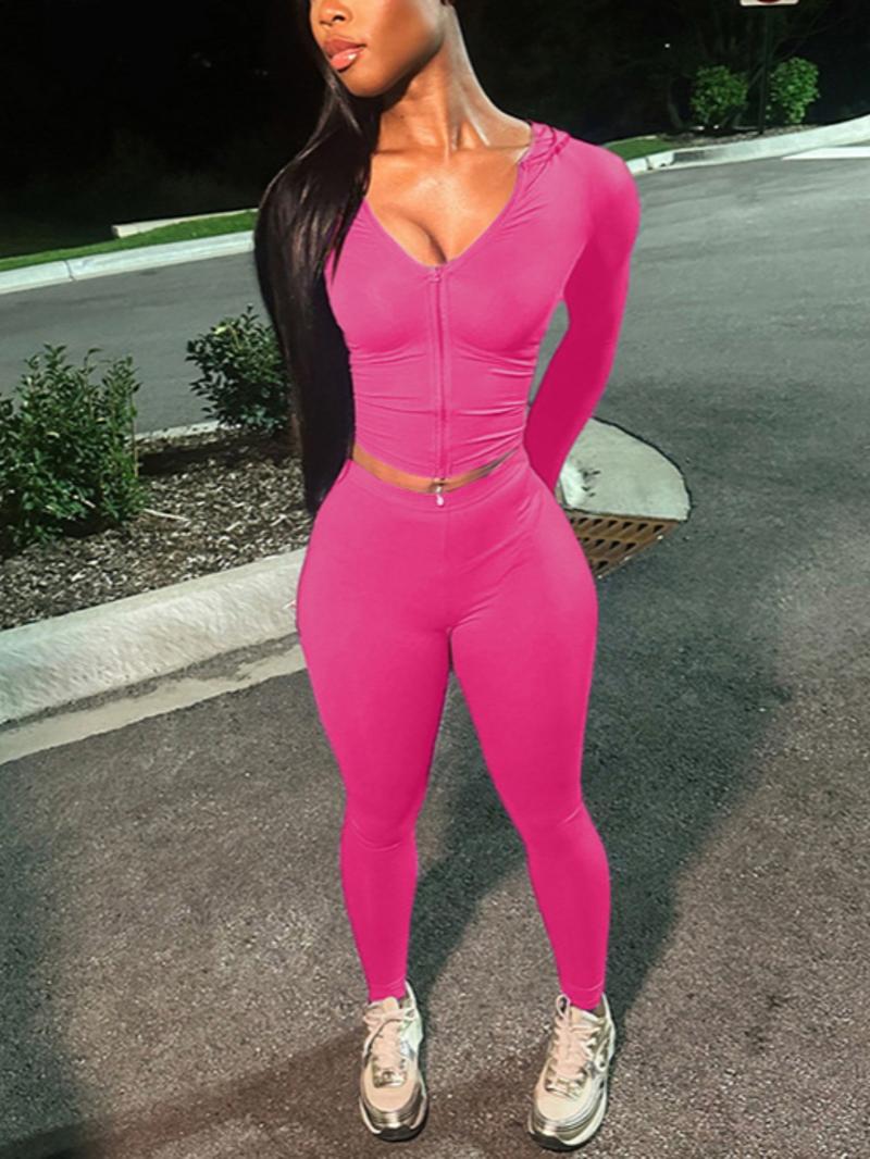 Women's Solid Color Zipper Jacket and Tight Pants Set, Casual Long Sleeve Hooded Outerwear and Pants, All Season Sportswear, Yoga Clothes Set