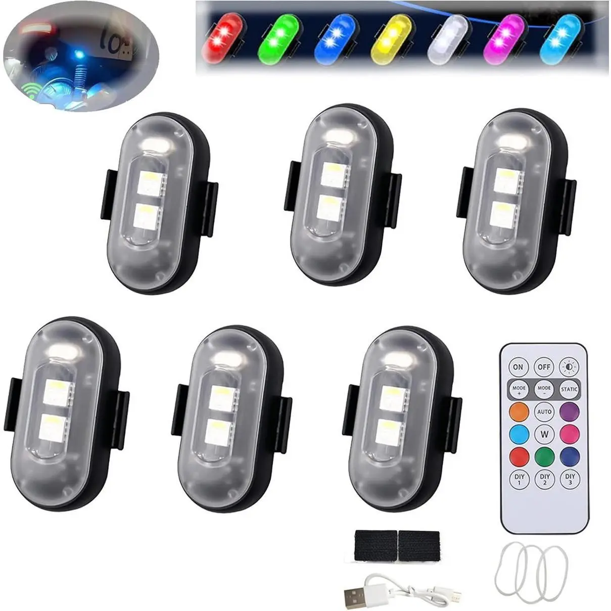 Compact RGB LED Aircraft Warning Flash Bicycle Light Set - Wireless Remote Control, IP65 Waterproof, Velcro Strap, USA-Designed, 7m Range, 8 Colors, 10 Modes, Vehicle Accessories for Biking, Car & Motorcycle Interior Emergency Use, Vibrant, Bike Accessori