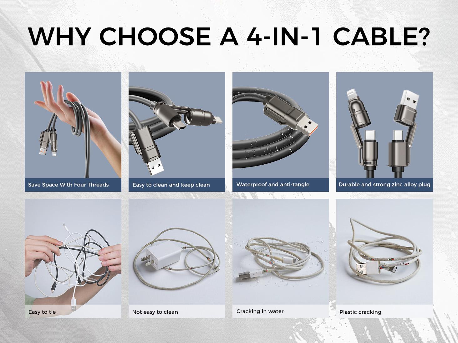 NEW - MAGIC JOHN USB Type C Charging Cable, 4 in 1 Function, 65W Fast Charging, Liquid Silicone and Aluminum Alloy Material, Braided Data Cable, Black & Gray