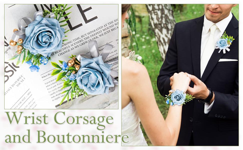 2 Pcs Blue Rose Wrist Corsage and Boutonniere Set, Rose Corsage Hand for Women, Boutonniere for Men Wedding Artificial Flowers Accessories Prom Decor, Wedding Flower Party Accessories (Blue)