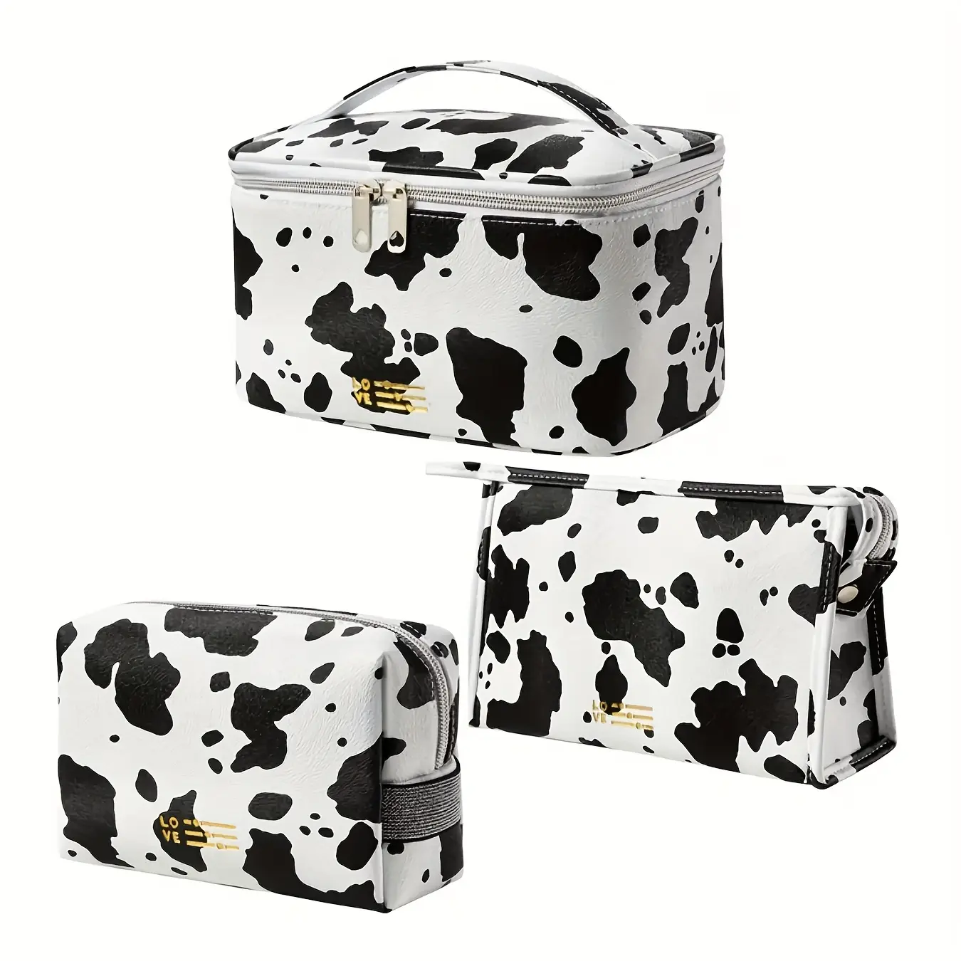 Set of 3 Cosmetic Bags Featuring a Cow Design, Perfect for Women. These High-Quality Storage Solutions Are Ideal for Makeup, Travel, And Daily Use, with Ample Space for Brushes And Toiletries
