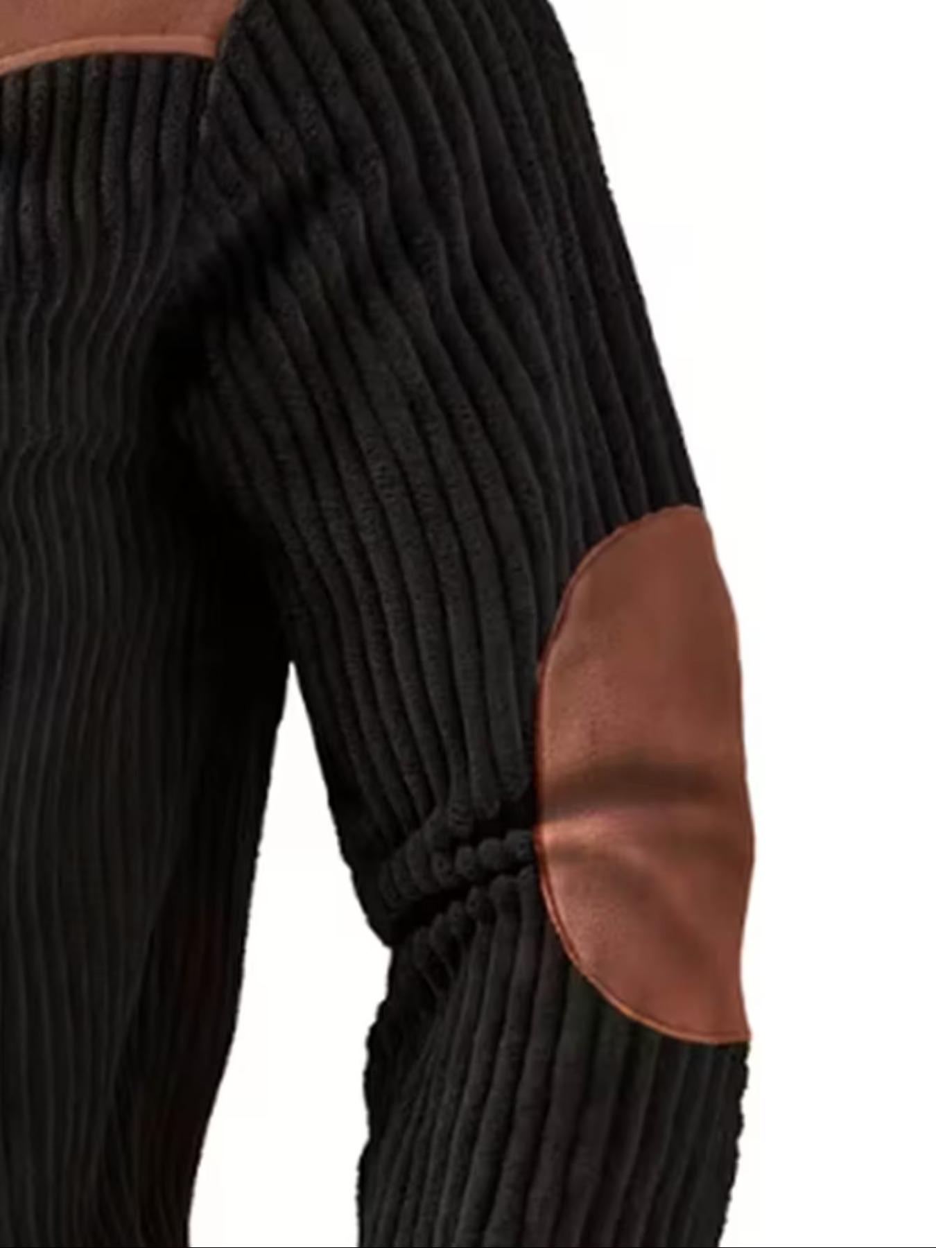 Men's Stand Collar Pullover Sweater, Autumn Winter Warm Half Zip Long Sleeve Cow Head Print Patchwork Ribbed Vintage Streetwear