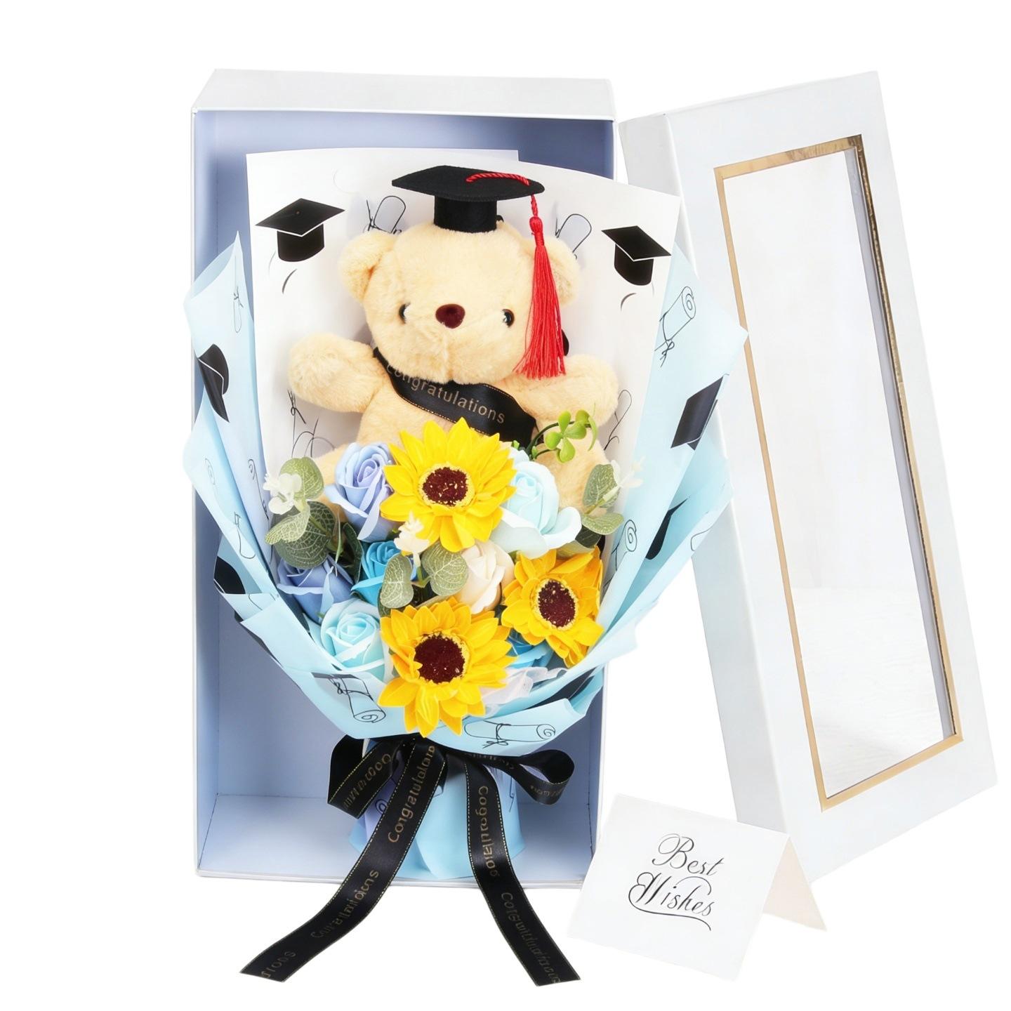 Graduation Teddy Bear Bouquet with Sunflower Soap Flowers, PhD Bear Plush Stuffed Animal in Window Gift Box, Artificial Floral Arrangement, Class of 2026 Gift for Friend