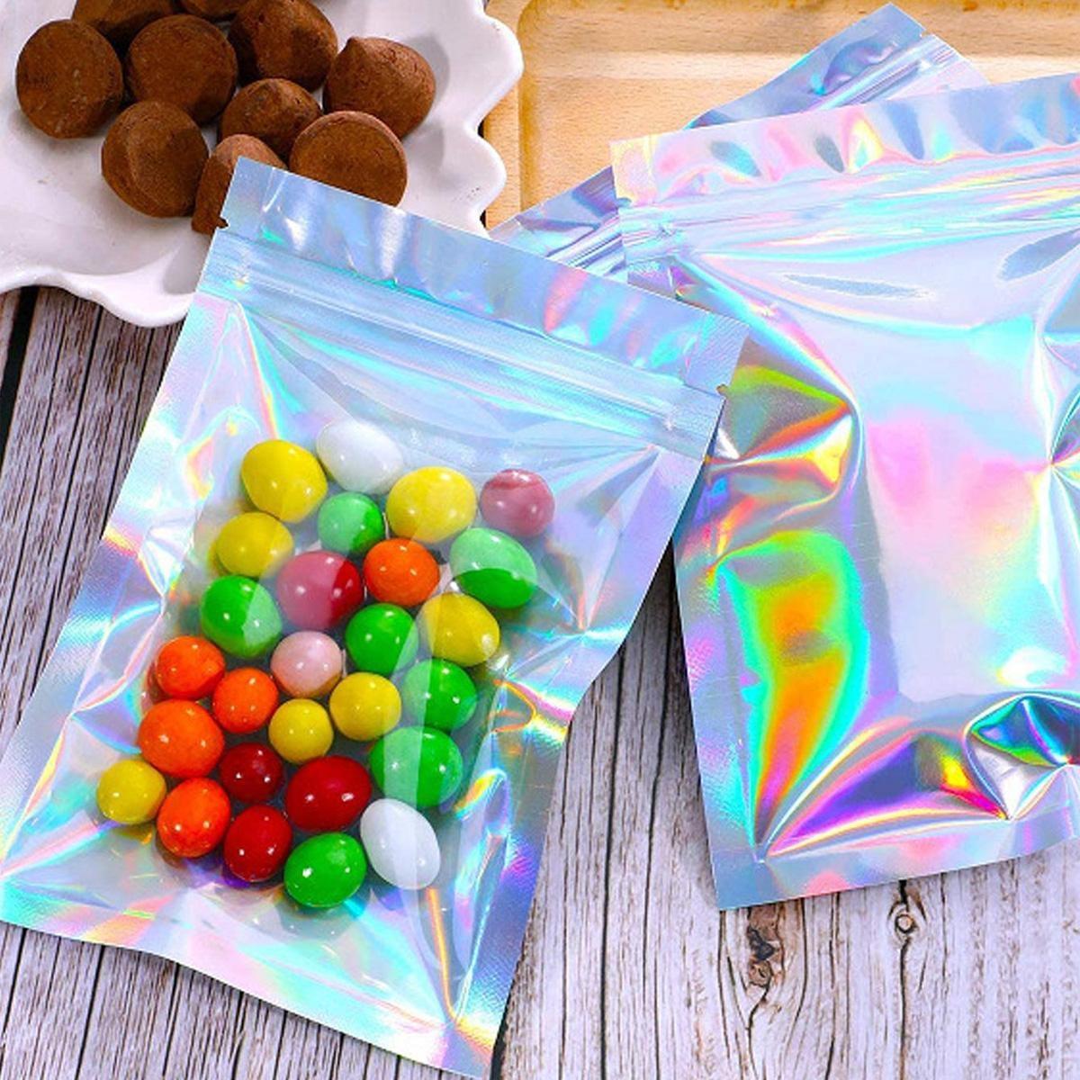 50pcs Mylar Bags, Holographic Packaging Bags, Resealable Smell Proof Bags, Jewelry Pouch Bag, Clear Foil Pouch Bag for Candy