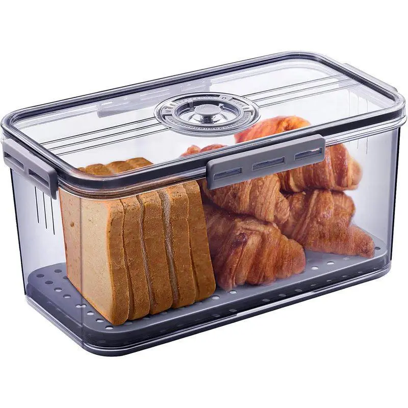 Grey Airtight Bread Box for Kitchen Counter, 6L Plastic Bread Storage Container with Lid, Time Recording Dial and Drain Board for Homemade Bread,metal