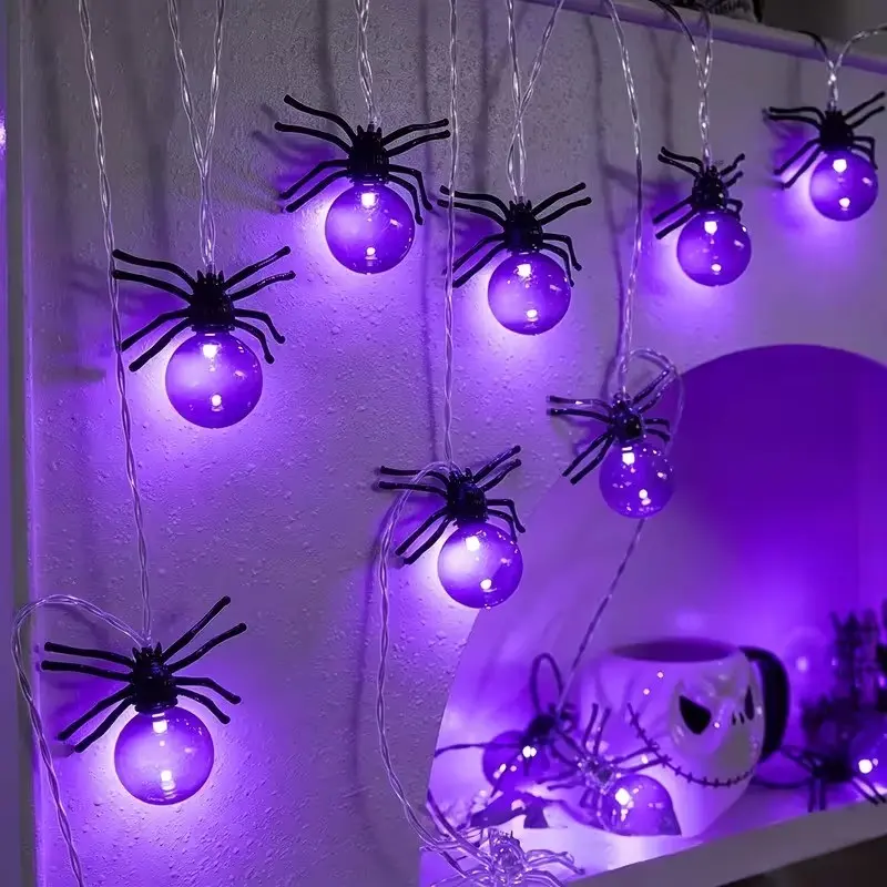 1 String of 10-Purple Light Halloween Spider String Lights, Suitable for Yard, Pathway, Window, Patio, Halloween, Party, Gift, and Spooky Decorations - Batteries Not Included