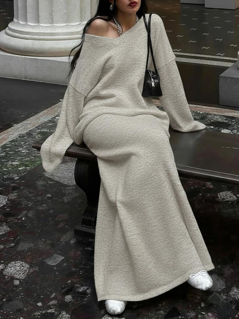 Autumn Winter Casual Loose-Fit Long Sleeve Sweater & Long Skirt Set, Two-Piece Knitwear, Comfortable & Stylish Women's Clothing, Outfit Sets Women