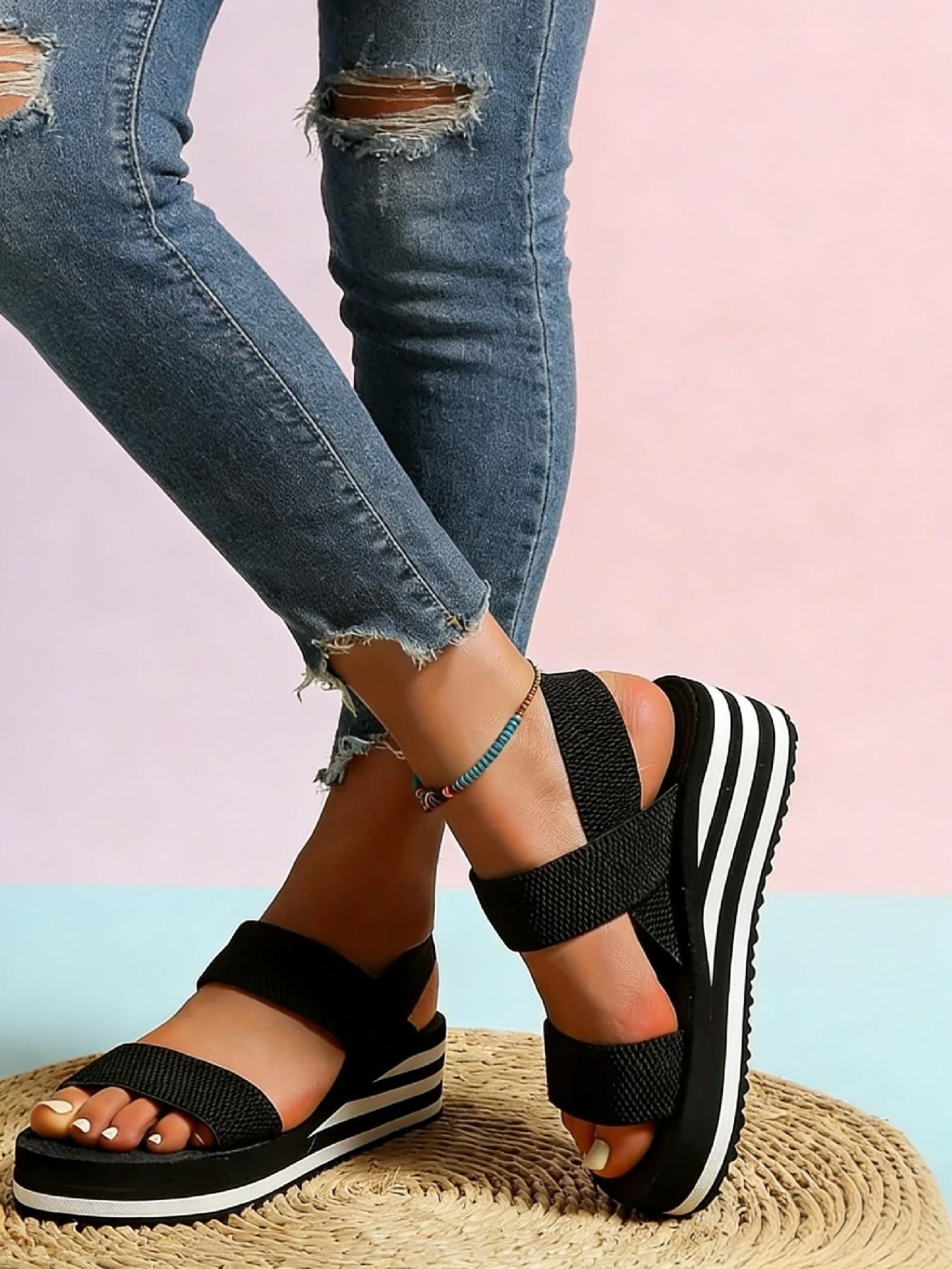 Thick Sole Fish Mouth Sandals, Elastic Strap, Lightweight Casual Beach Shoes, All-Season Textile Upper, Rubber Sole, Large Size