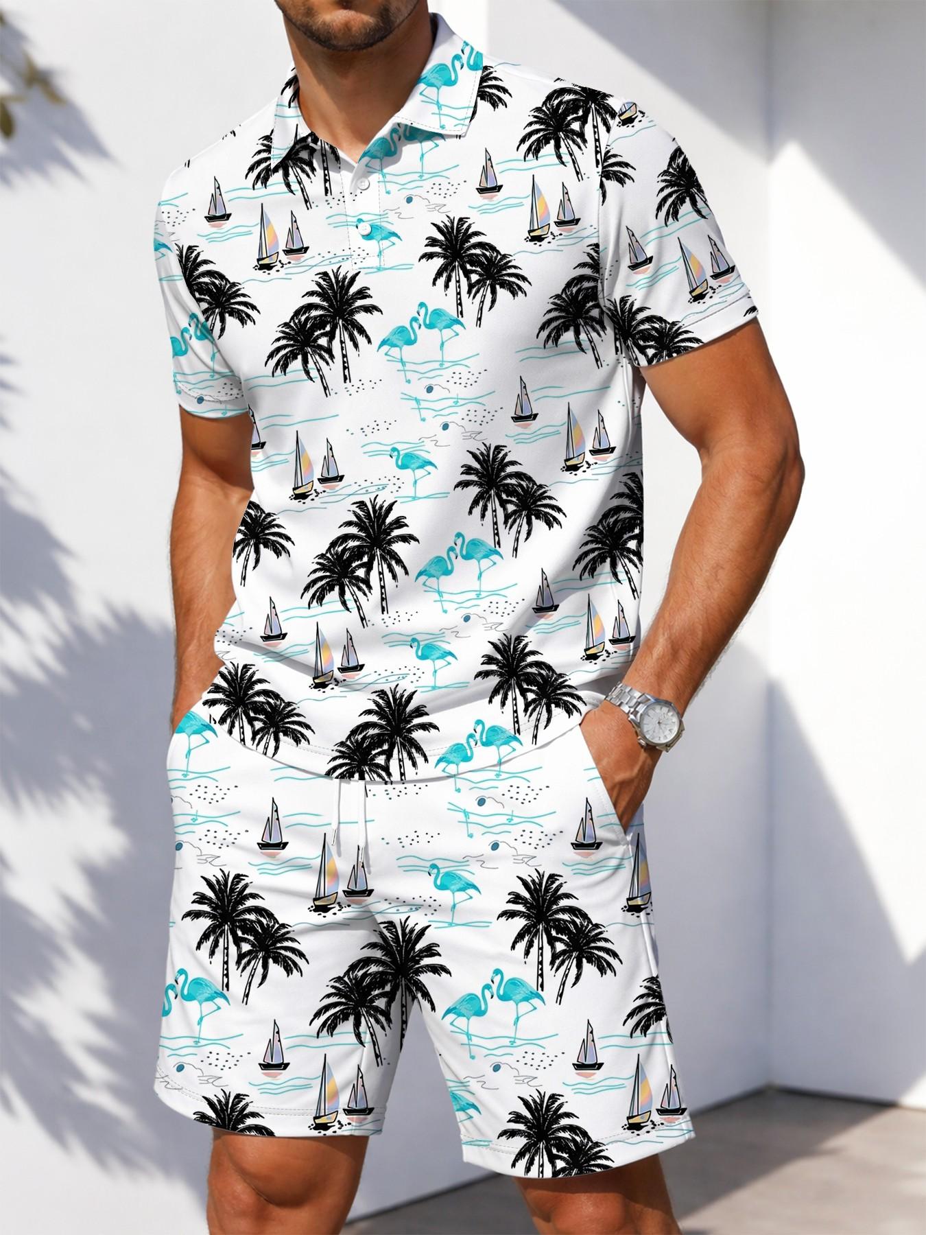 Summer New Men's Polo Shirt Set, Flamingo Palm Tree Sailboat Print, Short Sleeve Shorts Two-Piece Set, Hawaiian Vacation Style