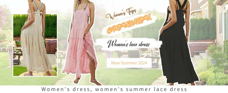 Chouyatou Women's Summer Laced Embroidered Tulle Bib Beachwear Dress Casual Comfortable Loose Adjustable Straps Maxi Dress Womenswear Flared