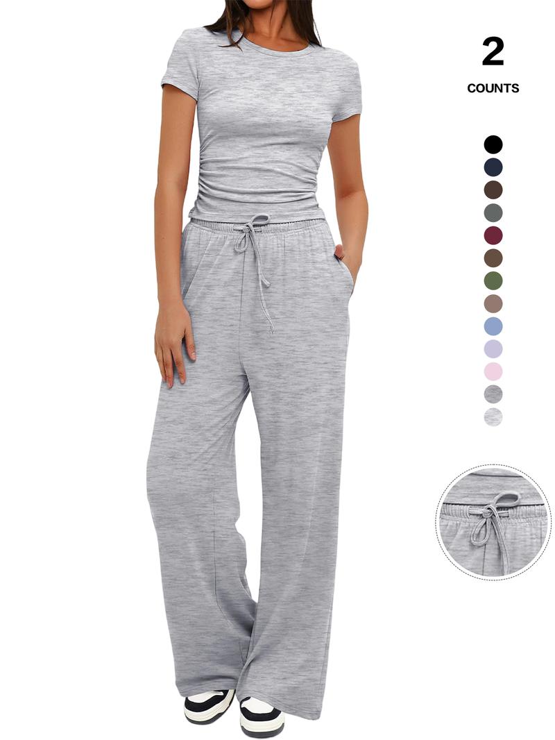 Women's Spring Summer Casual Set, Round Neck Short Sleeve Top & Wide Leg Pants, Slim Fit Home Wear, 2 Piece, Ruched Design, Drawstring