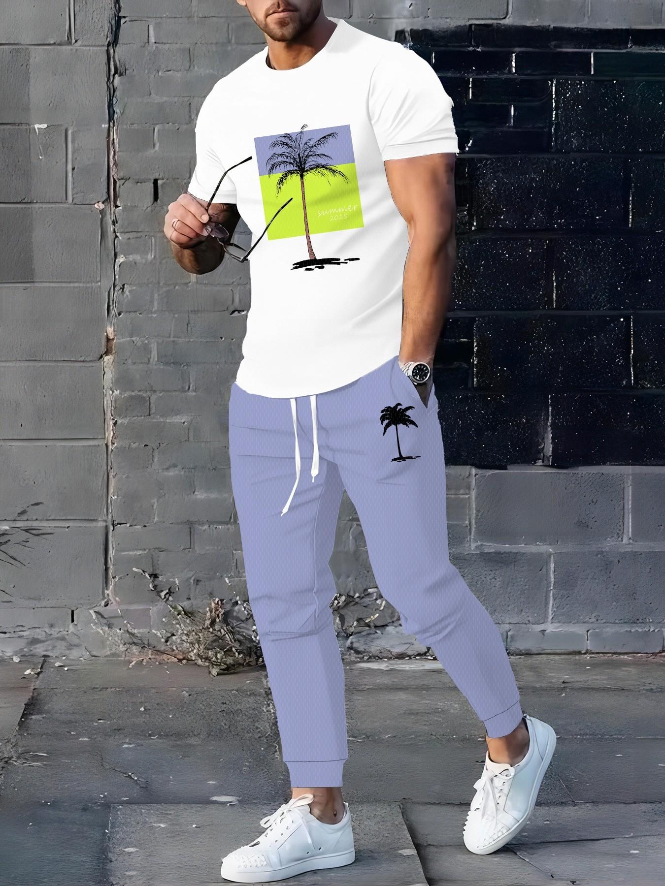 Men's Summer Palm Tree Print 2-Piece Set, Short Sleeve Tee + Mint Drawstring Joggers, Lightweight Casual
