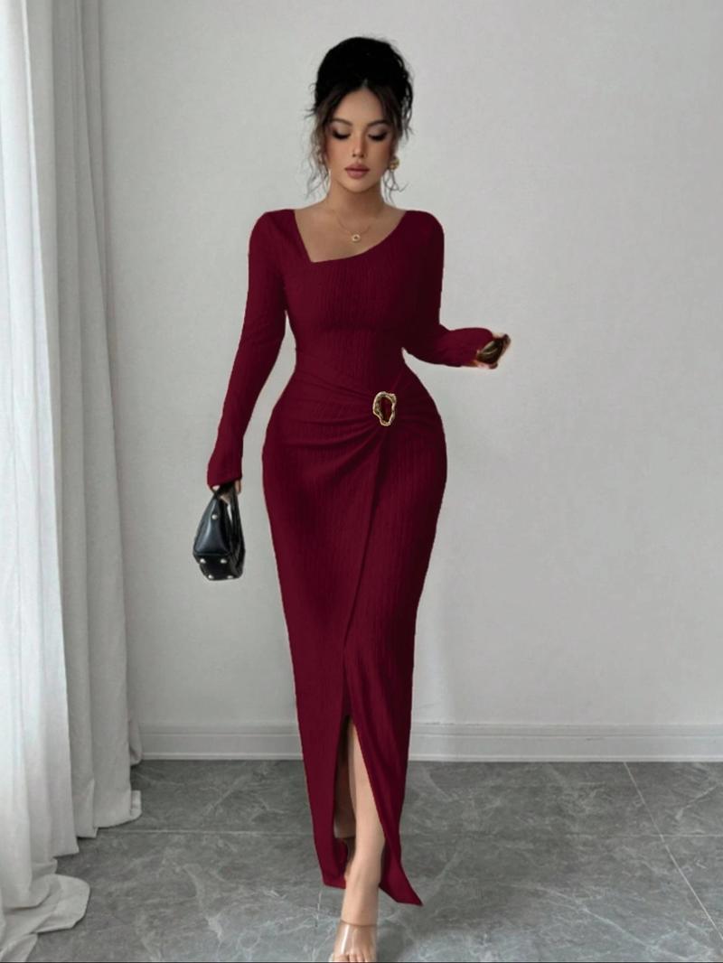 Women's Fashion Solid Color Twisted Long Dress, Asymmetrical-Neck Knitted Texture Bodycon Slit Design Dress, Classy Modest Fall Winter Women Clothes