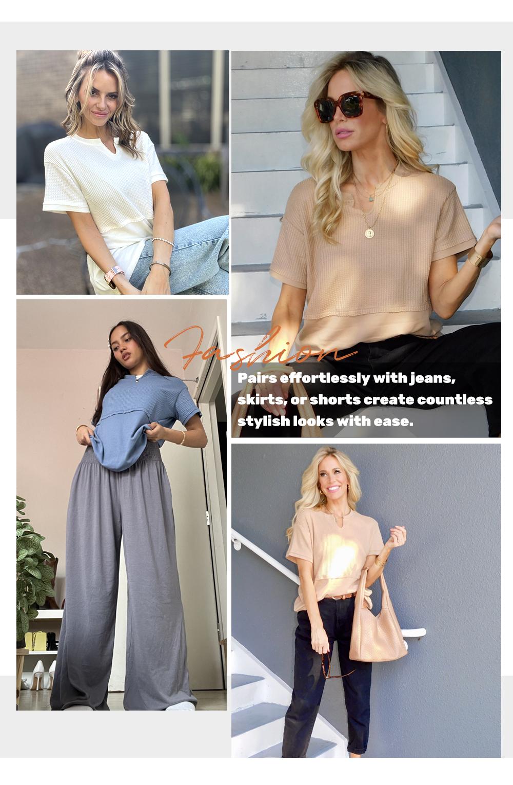 Shewin 2026 Spring/Summer Cozy Oversized Waffle Knit V-Neck Top Women's Short Sleeve Pullover Winter Layering Plus Size for Daily Wear Beach Tee SpringStatements