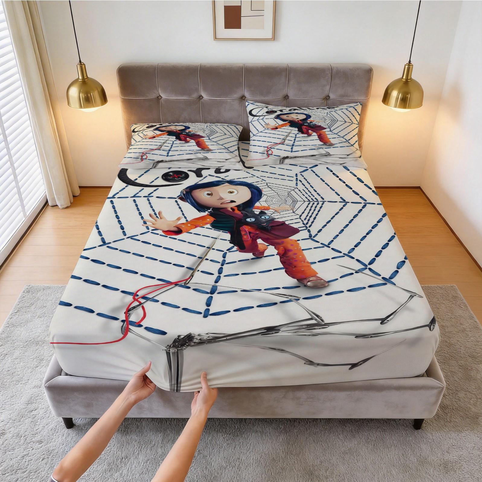 Coraline Printed Pattern Bed Sheet Set, Halloween Themed Decoration, 1 Bed Sheet With 2 Pillowcases (Excluding Pillow Core), Suitable For Teenage And Adult Bedrooms, Suitable As Decoration And Gift