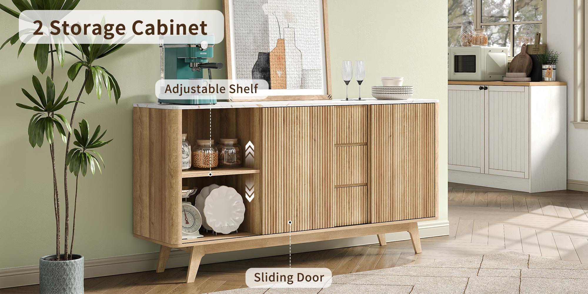 FUSOU 62" W Fluted Buffet Cabinet with Sliding Doors, Modern Sideboard Storage Cabinet with Power Outlet & 3 Drawers, Mid-Century Coffee Bar Table for Living Room, Dinning Room, Natural