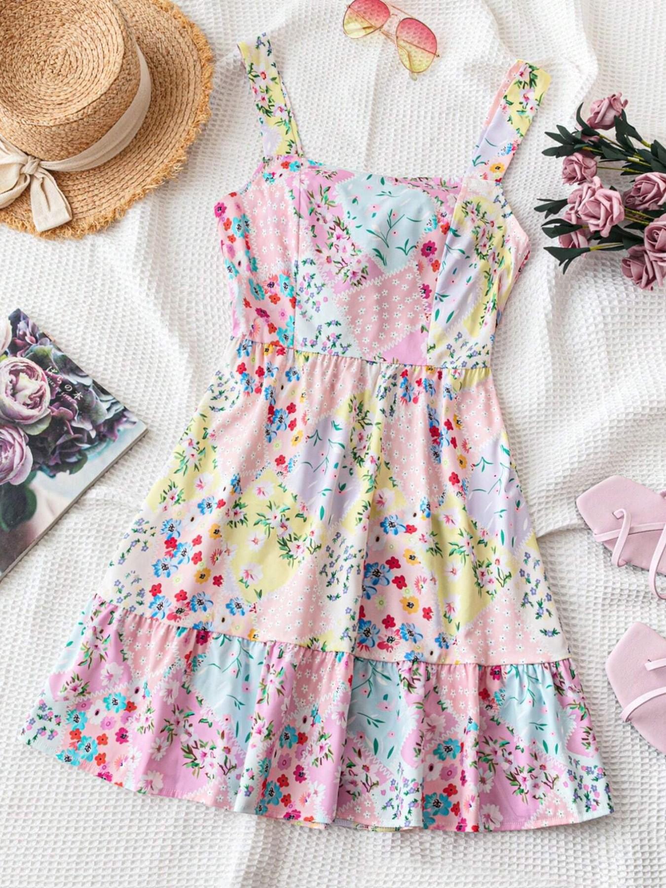 Women's Floral Print Backless Bow Tie Dress, Sleeveless Short Sundress, Boho Vacation, Fitted Summer Dress