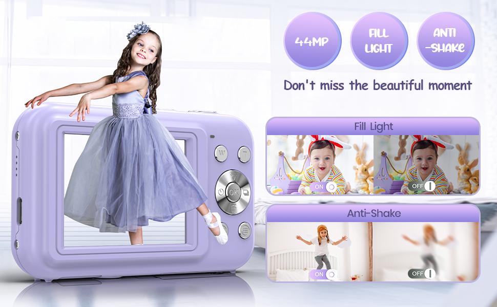 CAMKORY Kids Digital Camera (Violet Purple) - 44MP High Definition Electronic Portable Kids Video Camera, FHD 1080P Compact Rechargeable Point & Shoot, 16X Zoom, Anti-Shake, 32GB Micro SD Card, Lanyard, USB Type-C, Electronic Portable Camera