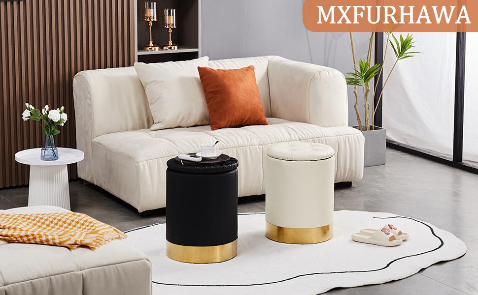 Velvet 23Qt Storage Ottoman Multipurpose Footrest Stool with Metal Base Modern Round Vanity Stool Chair Ottoman Foot Stools Support 300lbs Padded Seat for Living Room & Bedroom, Autumn, Winter, Warm