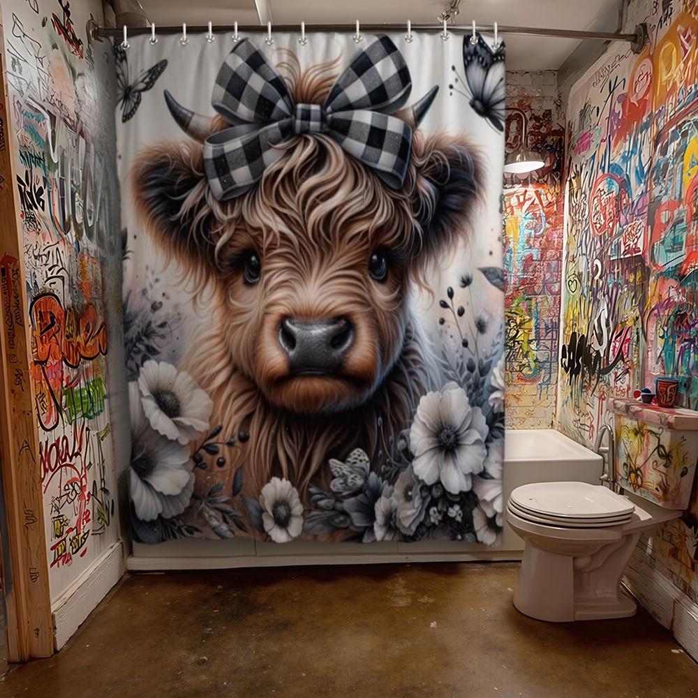 72x72 Inch Waterproof Bath Curtain Set, Christmas Highland Cow Pattern, Easy Install, Durable Polyester Fiber, Perfect Gift Idea, Shower Curtain Set