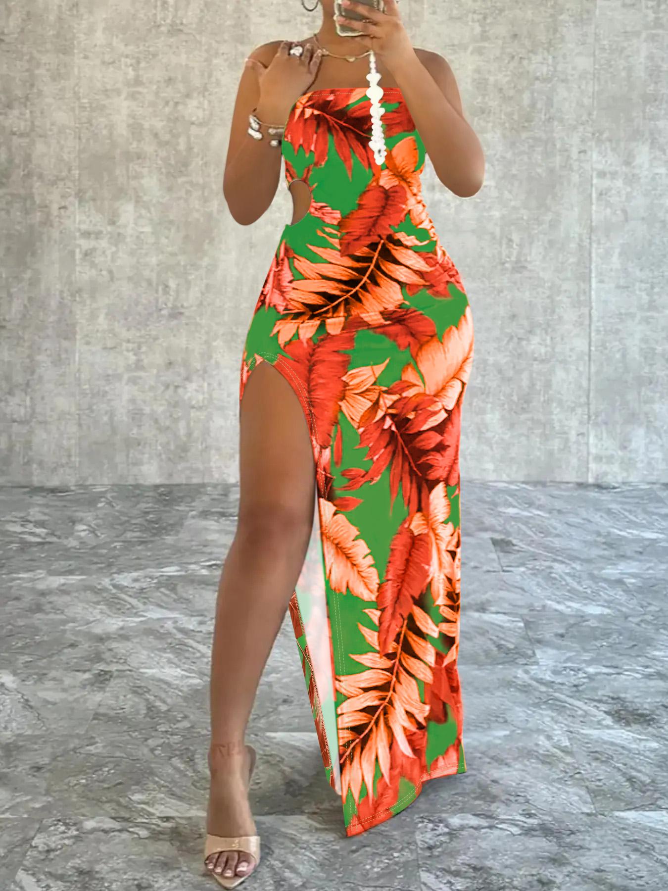 Women's Leaf Print Split Thigh Bodycon Dress, No Drawers Sundress, Mufti Clothes, Fit Sleeveless Cut Out Ruched Maxi Sun Dress, Fashion Women's Knitted Dress for Beach Holiday, Flattering Sleeveless Brown Womenswear, Lady Casual Fashionable Dress