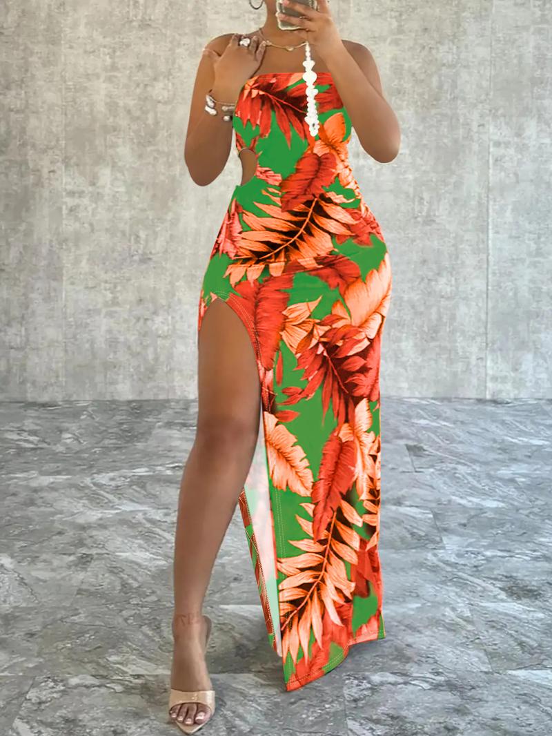 Women's Leaf Print Split Thigh Bodycon Dress, No Drawers Sundress, Mufti Clothes, Fit Sleeveless Cut Out Ruched Maxi Sun Dress, Fashion Women's Knitted Dress for Beach Holiday, Flattering Sleeveless Brown Womenswear, Lady Casual Fashionable Dress