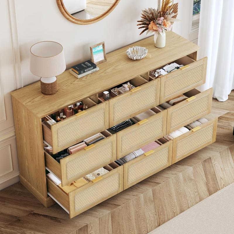 9 Drawer Dresser for Bedroom, 60 Inch Long Dressers & Rattan Chest of Drawers, Large TV Stand for 55, 65, 70 Inch TV, Boho Style, Modern Dresser for, Living Room, Entryway, Bedroom, Natural Oak