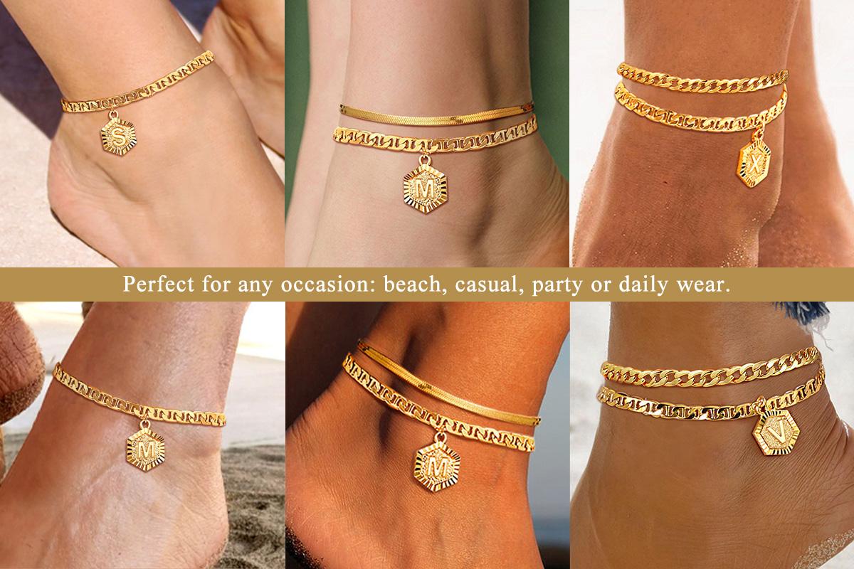 FindChic Initial Name Engraved Customization Anklet Golden Mariner Chain Snake Chain 26 Letters Anklet Stack Set Mother's Day Gift for Mom Summer Beach Anklet Bracelet Jewelry Set for Women Girls