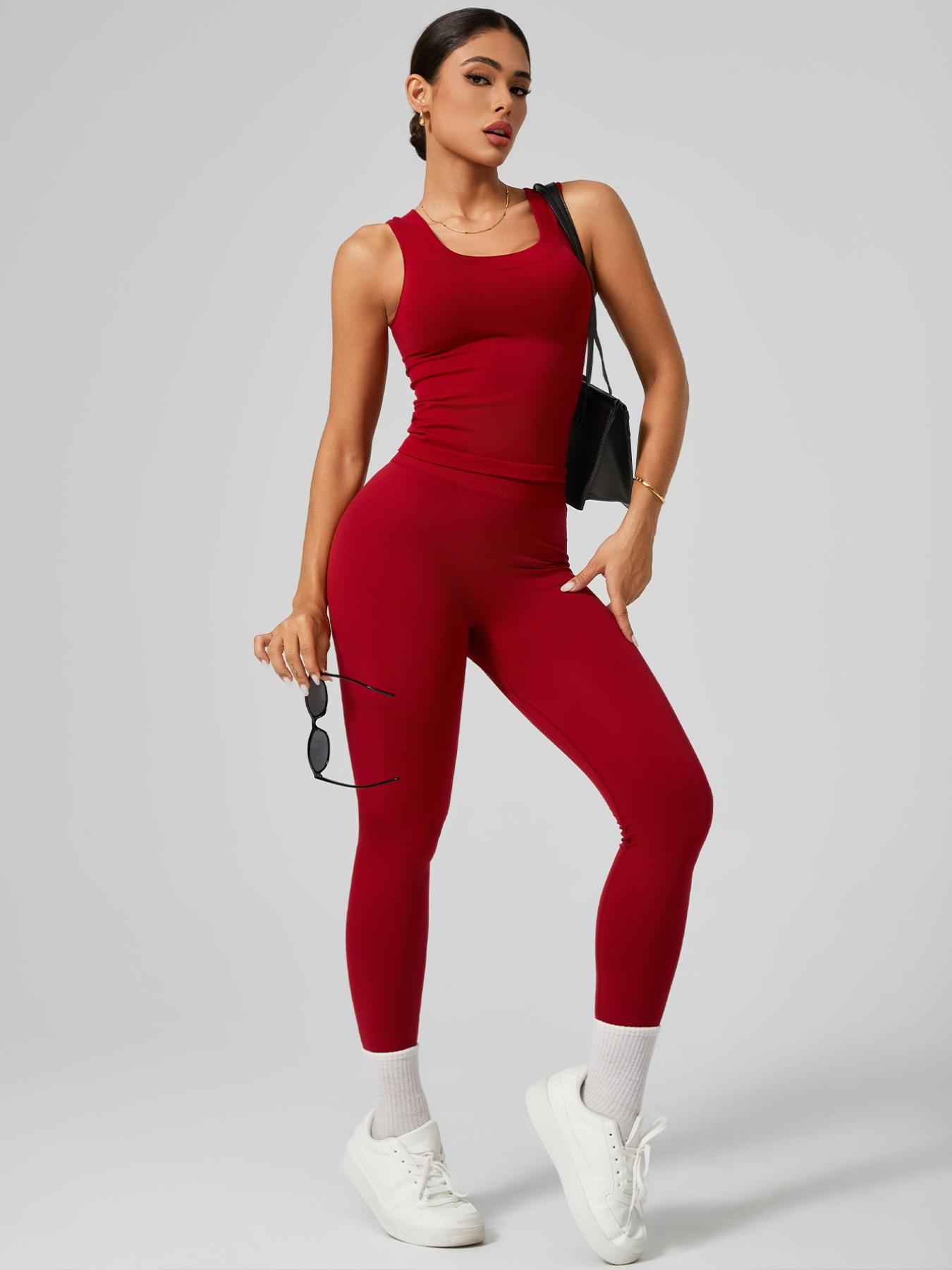 Women's Sporty Sleeveless Crop Top & High Waist Leggings Set, Athletic Fashion Activewear, Athletic Style Activewear, Tight-Fitting Gym Yoga, Breathable Comfortable All-Season Wear