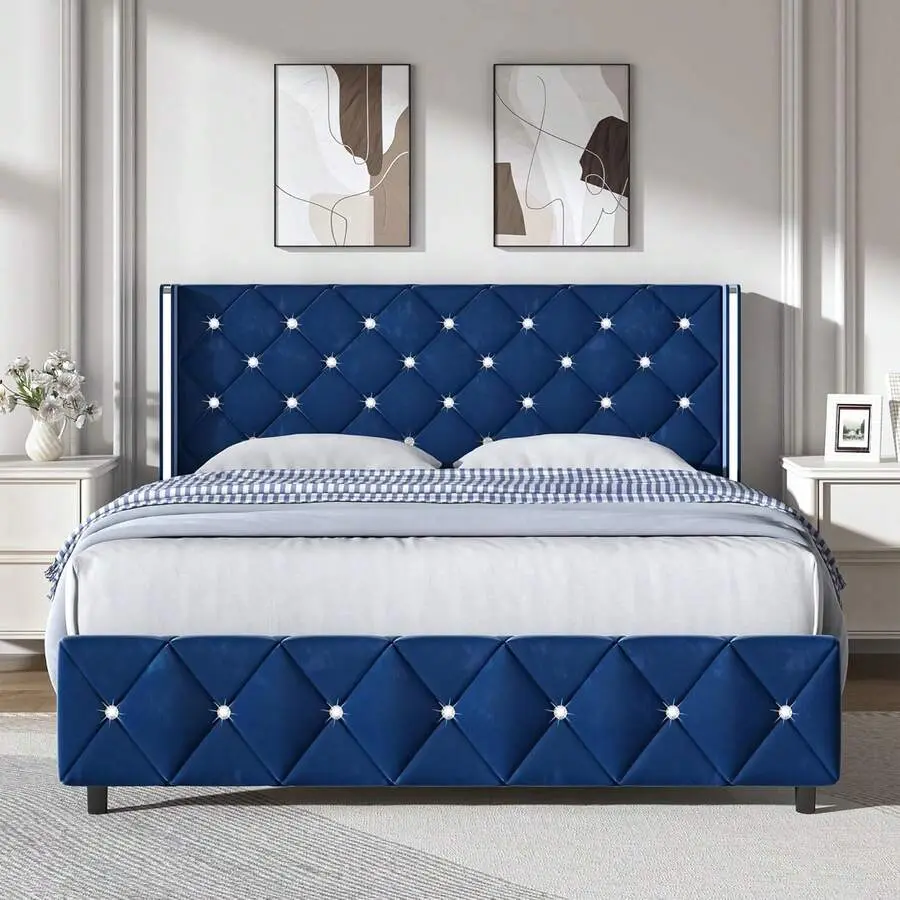 Twin/ Full/ Queen/ King Size Bed Frame, Upholstered Bed Frame With Diamond Headboard And Footboard, No Box Spring Needed With Wood Slat Support, Easy Assembly, Twin Bed Frame/  Full Bed Frame/ King Bed Frame, Black/ Pink/ White/ Purple/ Blue/ Green