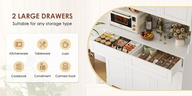 FOTOSOK 74'' Pantry Cabinet, Wood Kitchen Pantry with Microwave Shelf and Adjustable Shelves, Tall Kitchen Hutch with 6 Doors and 2 Drawers