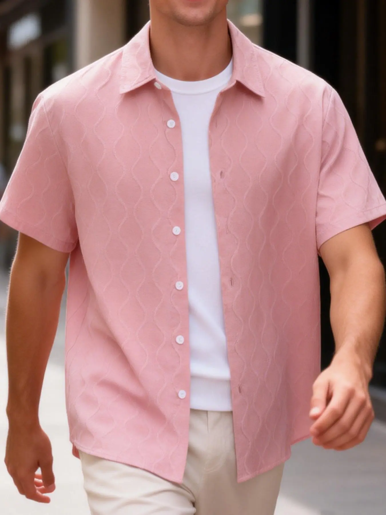 Men's Dusty Pink Wave Textured Print Short-Sleeve Collared Shirt - Casual Printed Lapel Button-Down Design, Lightweight Breathable Fabric, Relaxed Fit, Perfect for At-Home Lounging, Casual Outings & Summer Layering, Breathable Casual Top
