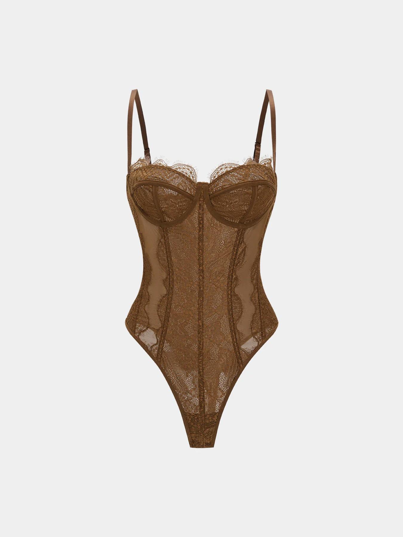 Women's Lace Mesh Transparent Halter Lingerie Bodysuit, Heart Neck Adjustable Straps, Fitted Plain Design, Casual Style, One Piece