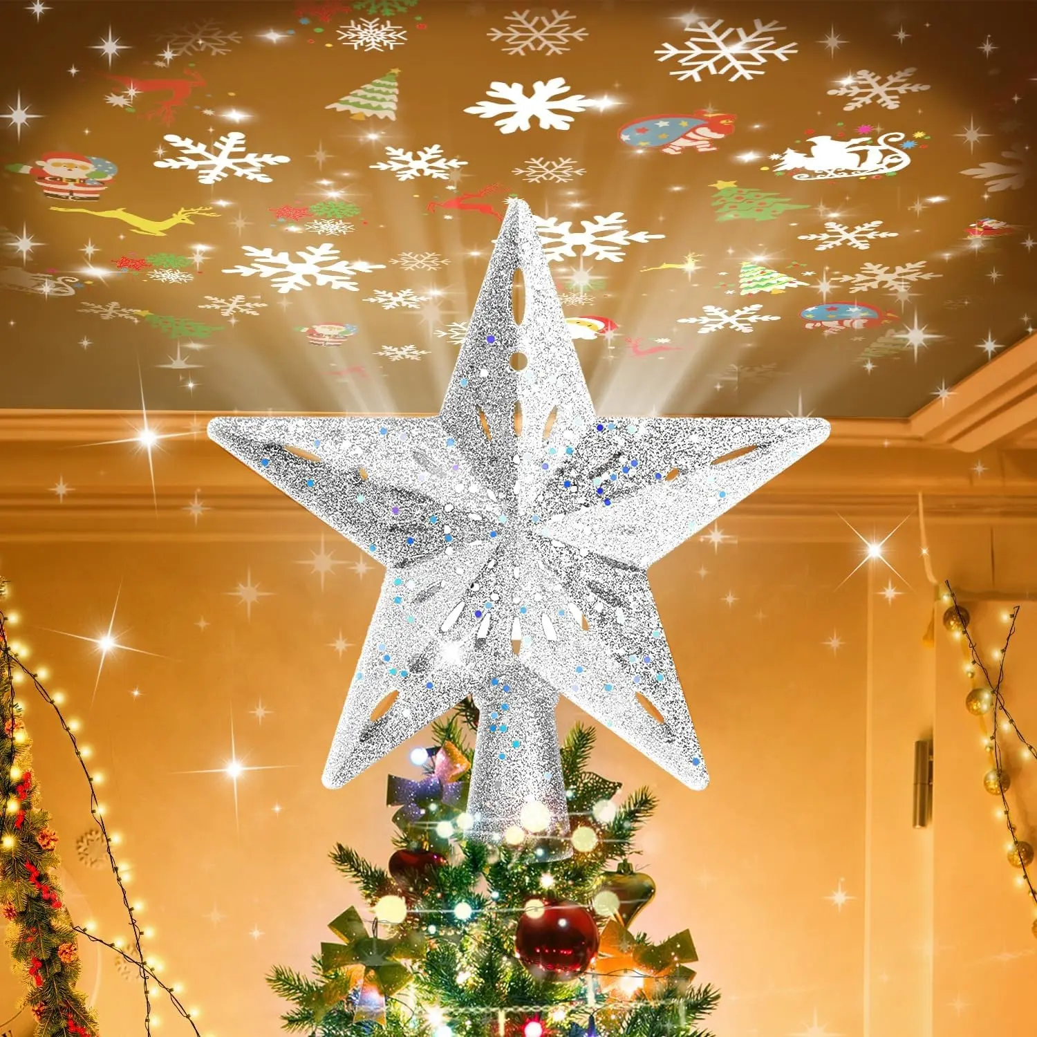 Christmas Tree Topper Lighted with 6 Projection Modes, Christmas Star Tree Topper Built-in LED Rotating Lights, Silver 3D Glitter Dynamic Projection for Christmas Tree Decorations