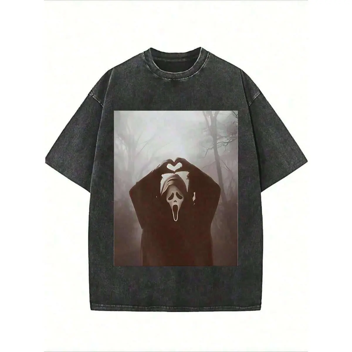 Summer TopsHalloween Retro Washed T-Shirt Scream Ghostface Heart Hands Graphic Tees Water Washing Print T-Shirt, Men's Vintage T-Shirt,Short Sleeves Crew Neck Top Tees, 230 Gram Cotton T Shirts, Holiday GiftsLoose And Comfortablesummer Clothes OTFP