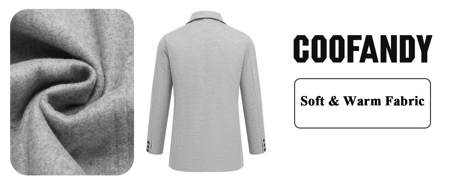 COOFANDY Men's Double Breasted Pea Coat Winter Overcoat Short Trench Coat Notched Collar