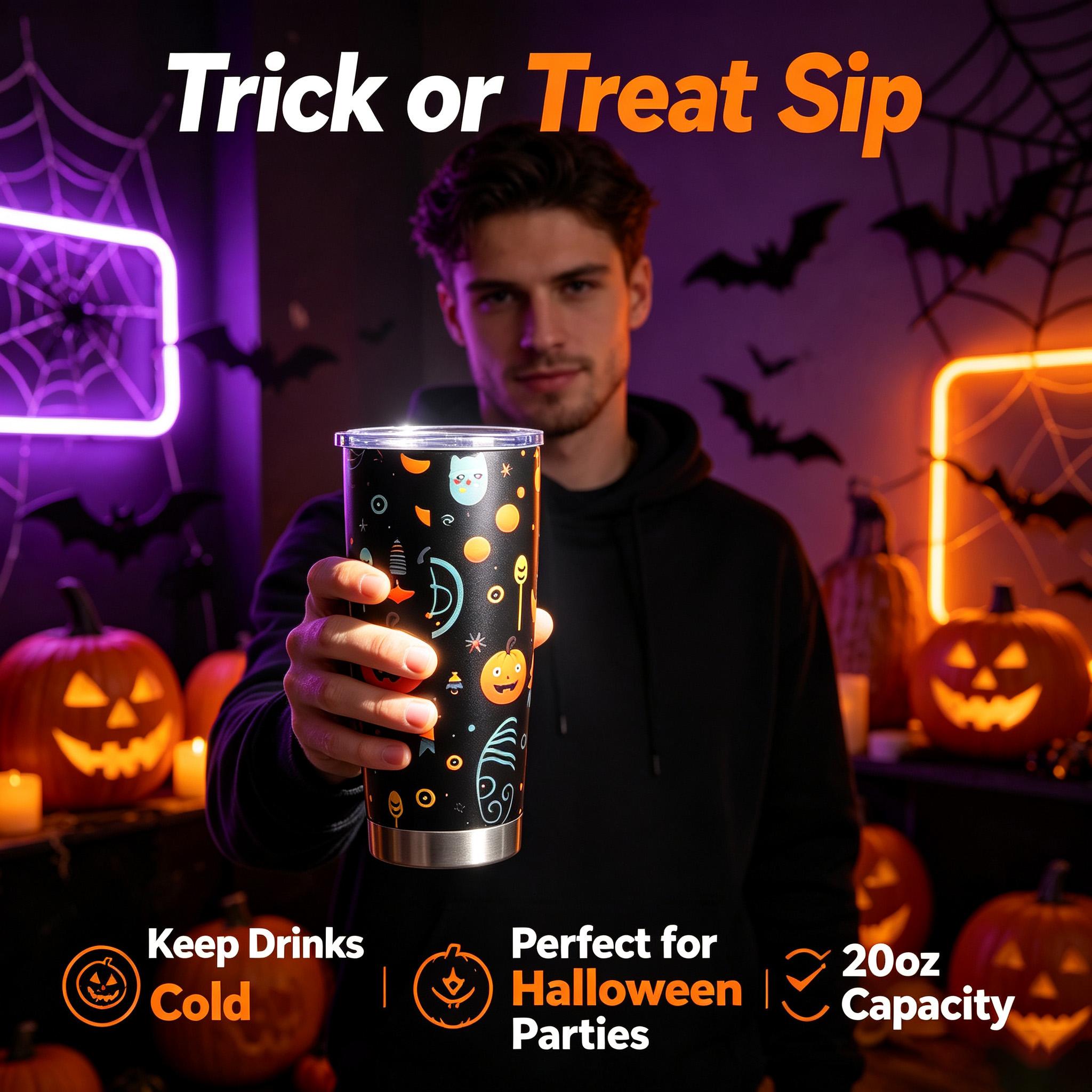 Halloween Pumpkin Ghost Thermos, Reusable Travel Coffee Cup, Stainless Steel Car Cup, Cute and Quirky Holiday Drink Cup, with a Transparent Leak-proof Lid, Perfect for Parties and Everyday Use, Ideal Halloween and Birthday Gift