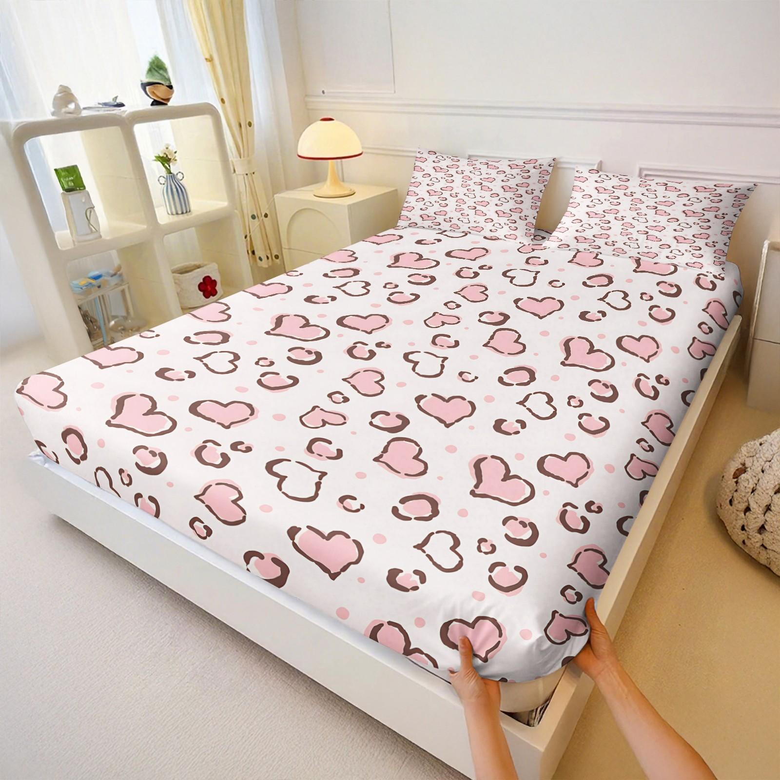 Soft heart-patterned fitted sheet set, Bedsheet, Includes 1 Fitted Sheet & 2 Pillowcases without Filler, Features an elegant color scheme, A stylish addition to your bedroom decor, Suitable for gifting or personal use, Multiple styles available