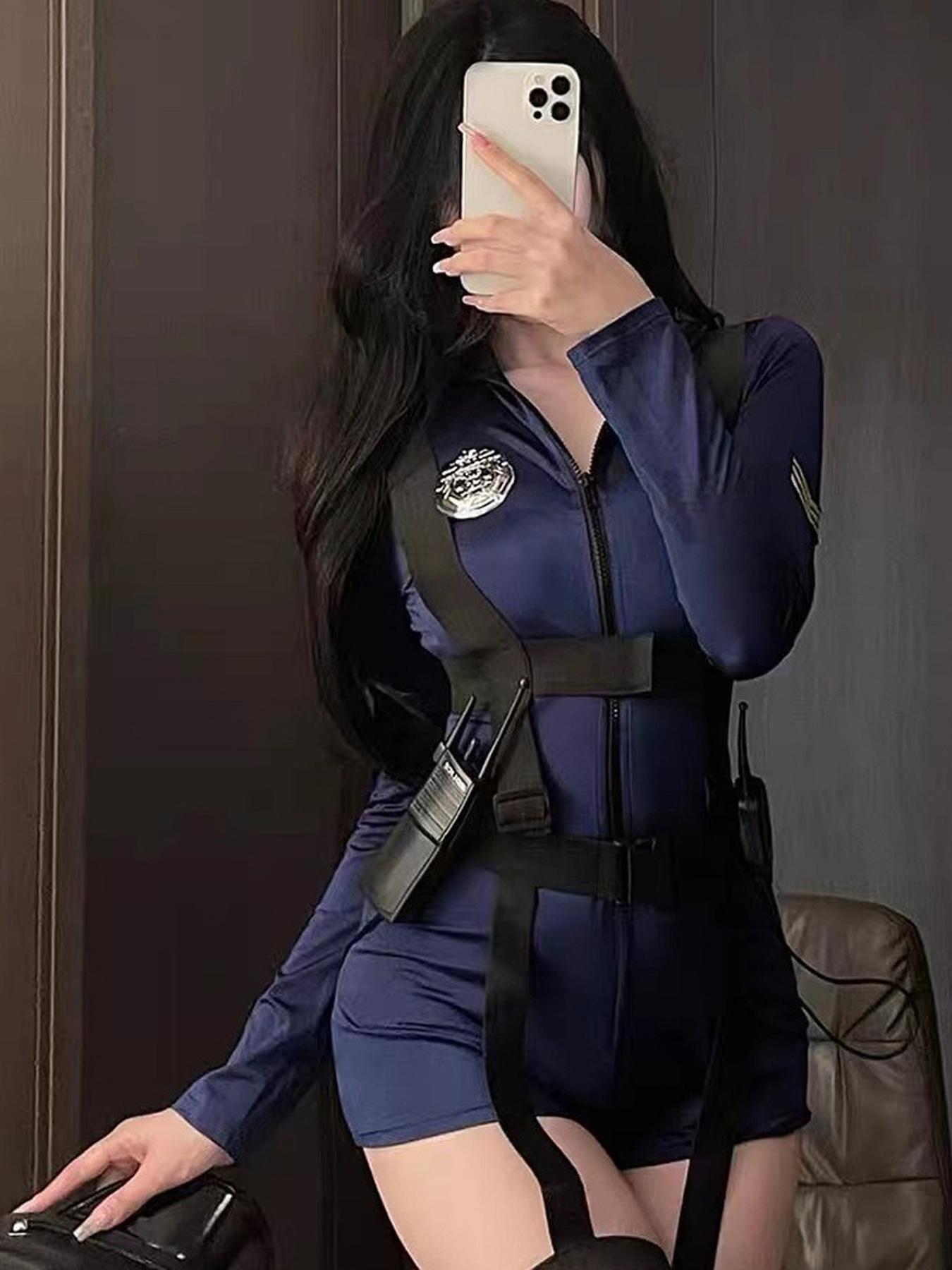 Female Police Cosplay Bodysuit, Role Play Set, Deep V Zipper Long Sleeve, Halloween Party Sexy Police, Tiktok Aesthetic