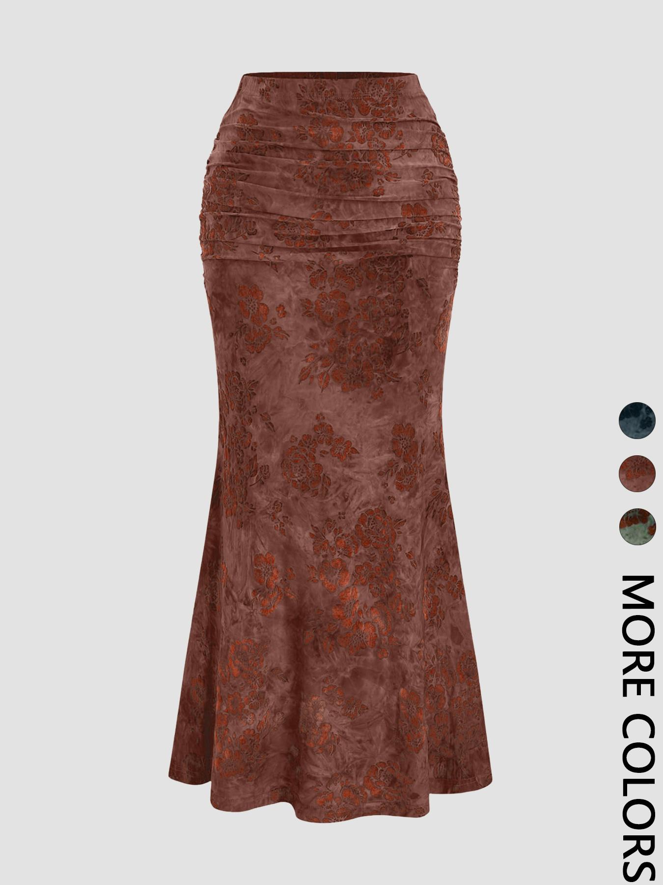 Women's Vintage Floral Print Long Mermaid Skirt, Casual Fashion Velvet Bottoms for All Seasons