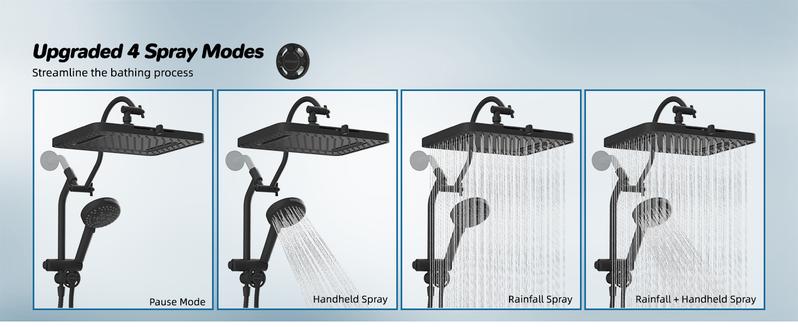 Hibbent Upgraded 5-spray 13'' Shower Head for Easy Reach, High Pressure Rainfall Showerhead Combo with 10-mode Handheld Spray, 12'' Extension Arm, 4-way Diverter, 71'' Hose, Showerhead Holder, Black