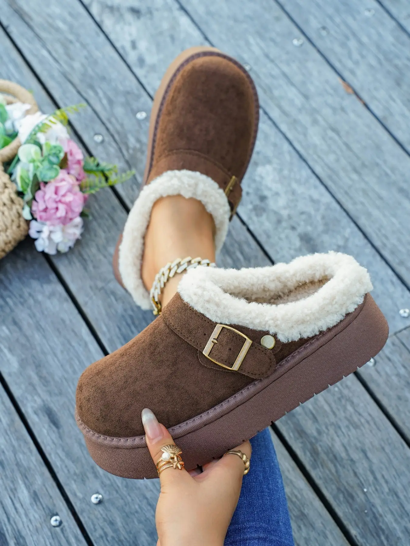 Women’s Fleece Lined Platform Mule Clogs, Suede Upper Slip-On Backless Winter Slippers, Warm Plush Collar, 4 Colors Available