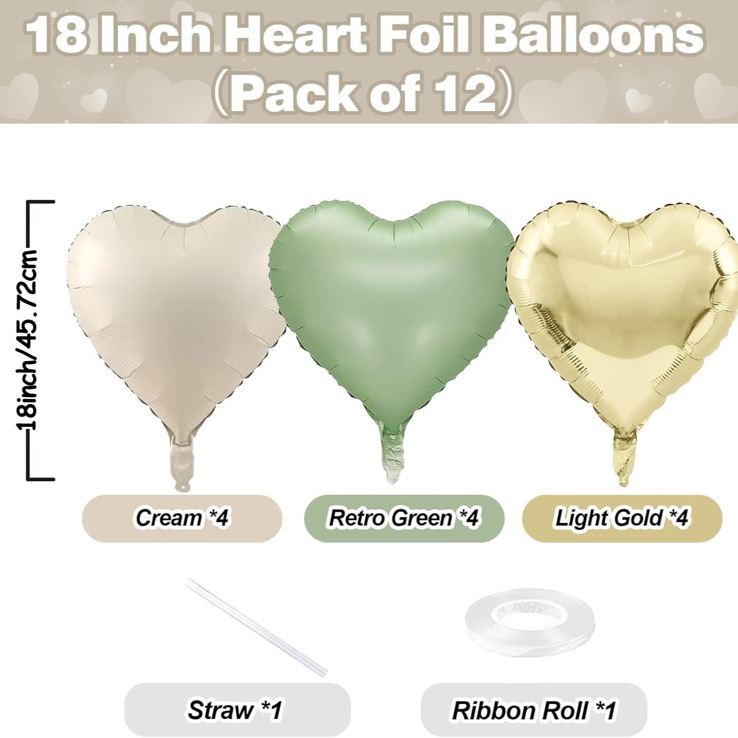 Green gold heart-shaped balloons, 12 green gold heart-shaped aluminum foil balloons with 2 accessories, 18 inch green cream white heart-shaped foil balloons, suitable for jungle, forest, birthday, wedding, baby party, party decoration