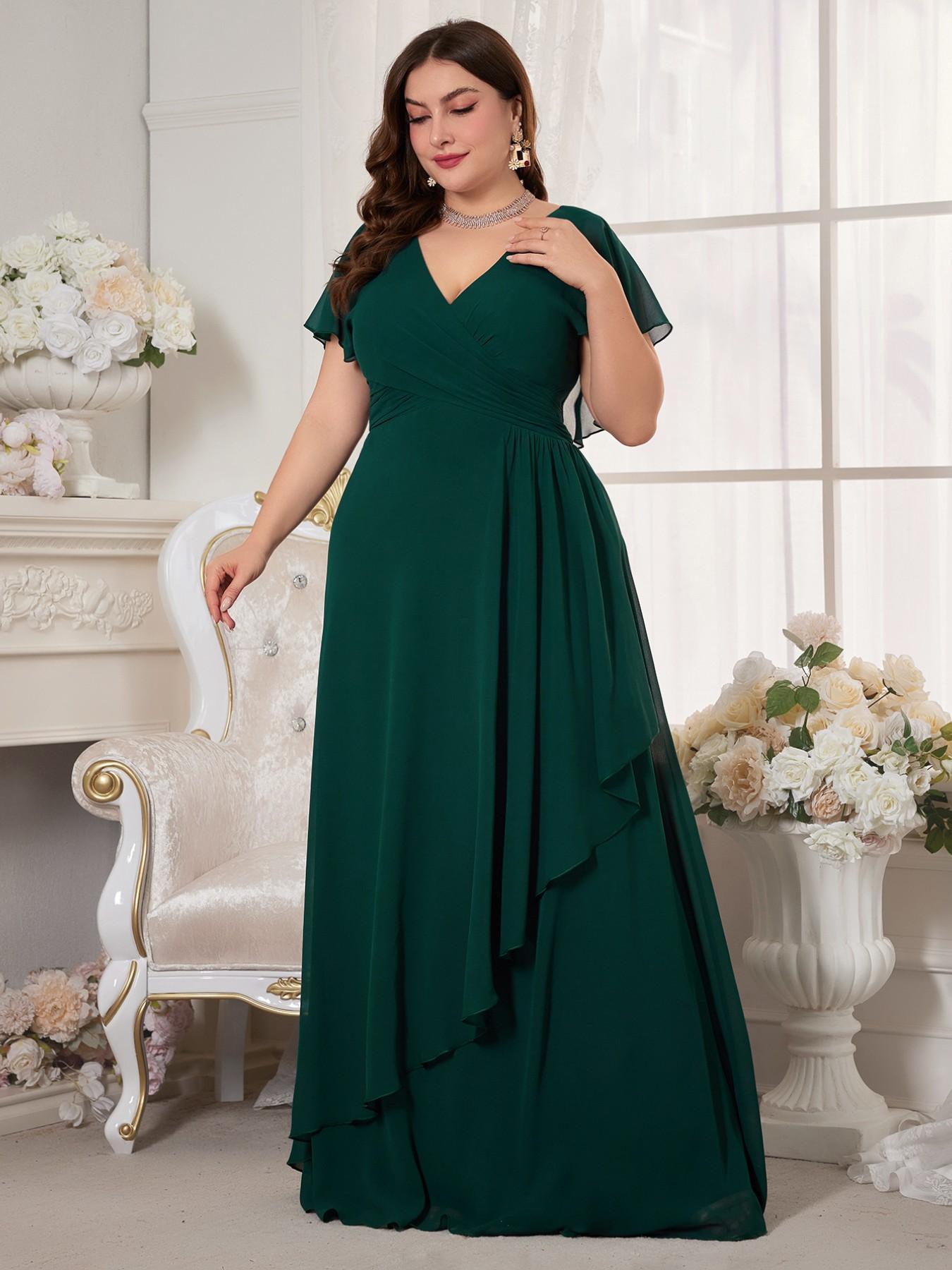 Elegant Chic V-Neck Chiffon Maxi Dress, Formal Plain Fitted Short Sleeve, Ruched Waist, Irregular Hem, Bridesmaid Gown Lady Womenswear for All Seasons