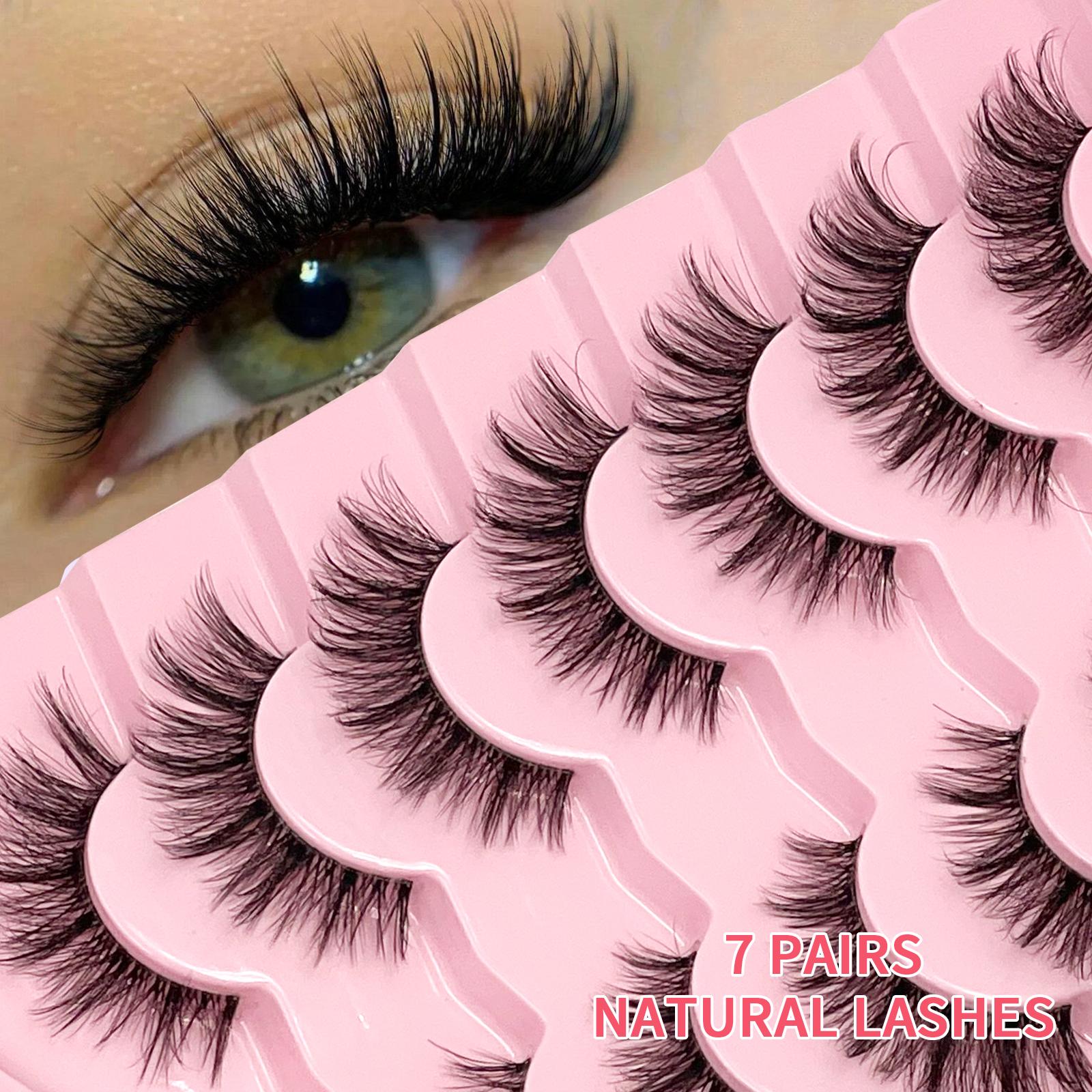 7 Pairs Lashes With Clear Band Fluffy False Lashes Pack Natural Look False Eyelashes Wispy Eyelashes Curly Makeup Eyelashes For Daily Wear