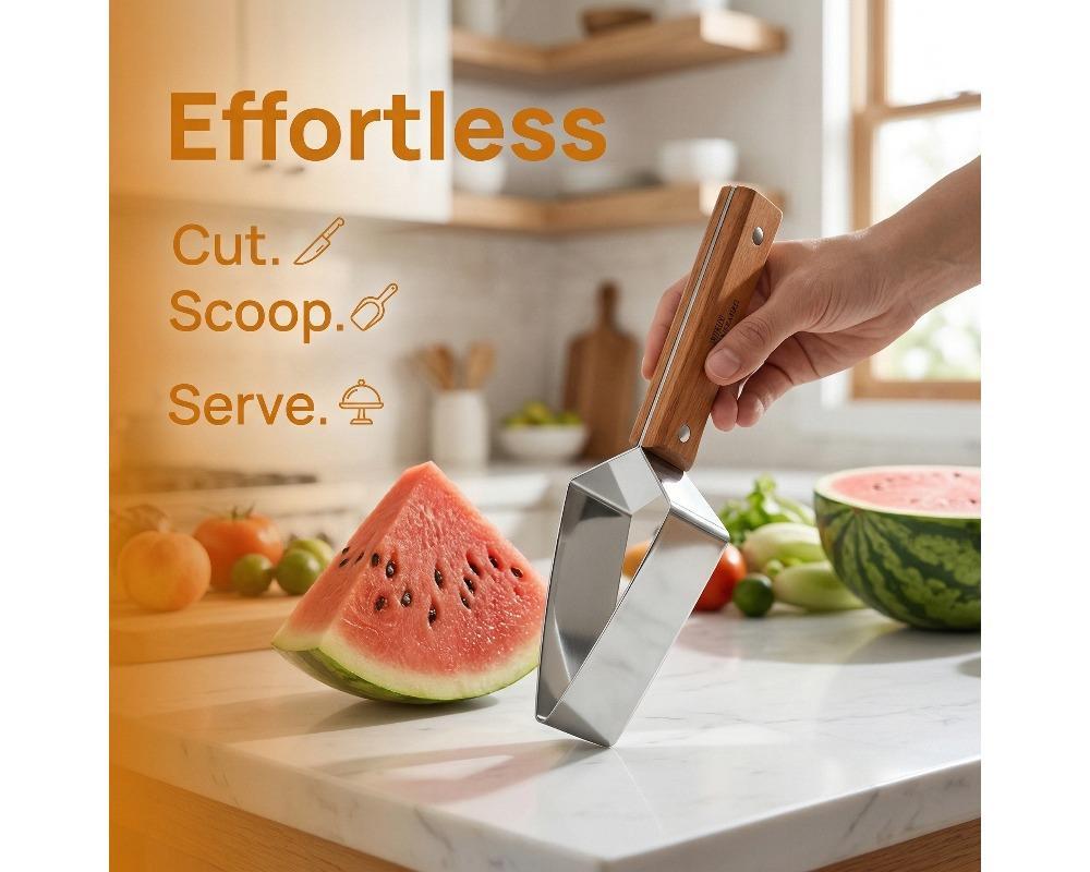 1/2pcs Stainless Steel Watermelon Slicer and Cutter Manual Fruit Cubing Tool with Ergonomic Wood Handle Portable Melon Scooper for Home and Travel Durable Kitchen Gadget for Uniform Slicing Practical Fruit Prep Assistant